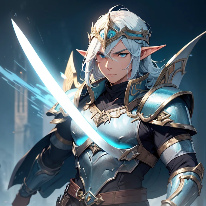 (absurdres, best high quality image, carefuly detailed features and textures, very detailed image, solo character alone, full character body and design, tolkien-aesthetic) {{(1character: adult male high-elf foot soldier), (face under helmet and visor, elf light-blue steel helmet with golden trims, silver, huge bulky elegant elvish and sharp light-blue shoulder plates, bulky light-blue elvish chest plate, light-blue steel elbow plates, silver steel gauntlets, light-blue steel armored hips, golden belt, light-blue steel boots, big silver broad sword with long sharped blade, big curved elf steel gold shield), (imponent combat pose and brave demeanor), (green hill plain, sunny blue sky)}}