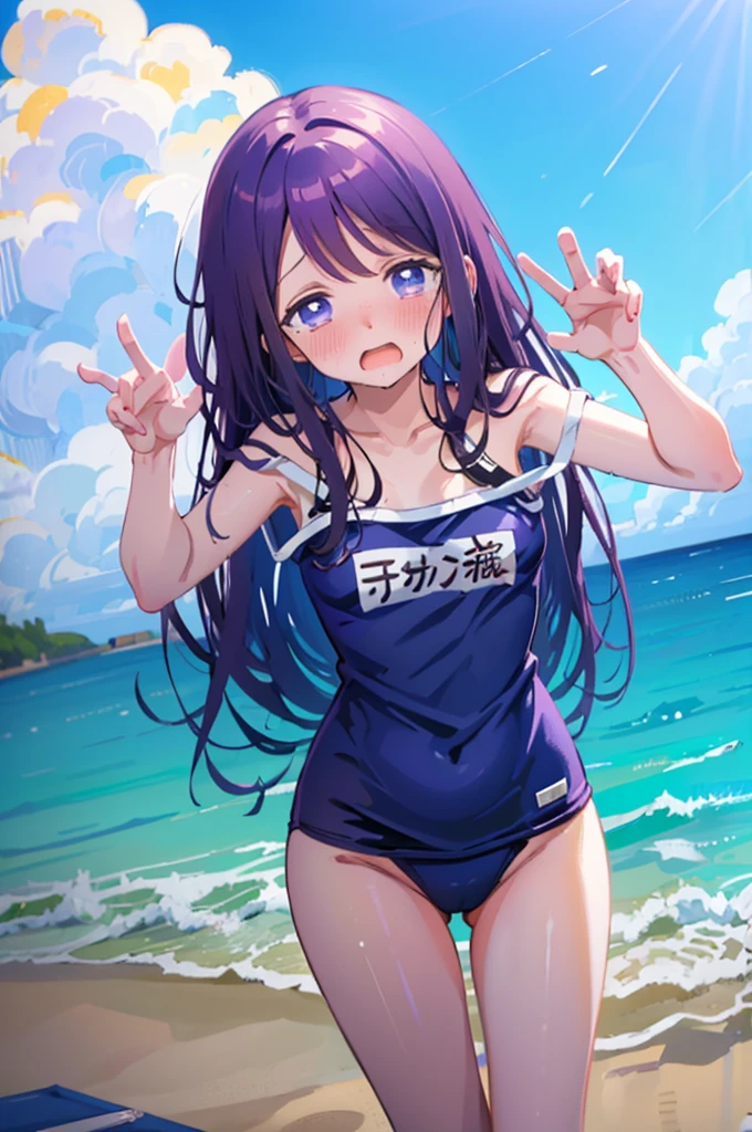 school swimwear、Acme Face、Random pose、, Pale purple eyes、Pale purple eyes、Semi-long hair、nsfw、Highest quality、1 girl、solo、Ocean、Sandy Beach、Sexy pose、Random pose、Blushing、Wet、Embarrassed、I can see half of my 、、One piece swimsuit、(Strap slip:1.3)、School Swimsuit