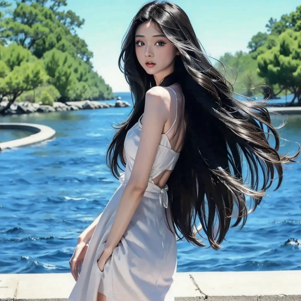 riz, (Very detailed, Very realistic, Very sharp, Hyperrealism, Ultra-realistic, Highest quality):1.2, 1 girl, (solo:1.3),  (Hair that grows to the knees:1.1, Ridiculously long hair:1.4, hime cut, straight hair, black hair), (Detailed Hair, Detailed skin), (Slim figure, Flat Chest), (黒のスーツを着ている:1.5), (Shooting from behind:1.5), (Hair tousled by the wind:1.5), Standing posture, (White background:1.3), Soft lighting, 腕を組んでいる