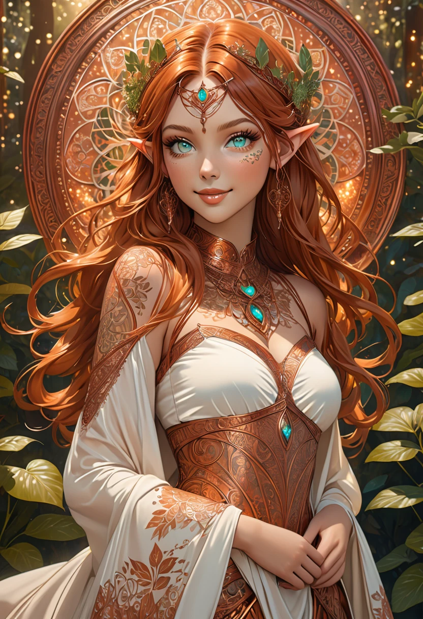 Steampunk inspired elven princess. copper wire necklaces and bangles. Crown of fine copper wire. copper coloured tatoos cover her face and body intricate and beautiful designs. LArge pointed ears that end in curlicues. Hands on hips. Ember colored eyes adorned with intricate copper wireing. a Pure white dress, hemmed with copper, covered in copper lace and filligree. cppper designs cover the skirt in a kaleidoscope of intricate copper designs. Background is magical verdant forrest. Her visage is a mesmerizing blend of Sydney Sweeney, creating a unique, symmetrical face that exudes elegance and grace. Copper colores face tattoos. Copper colored are, and chest tatoos. Cozy, romantic lighting. Cheerful smile. Copper hair that shimmers and sparkles in the lights. Hourglass figure. copper lips. copper eye shadow.