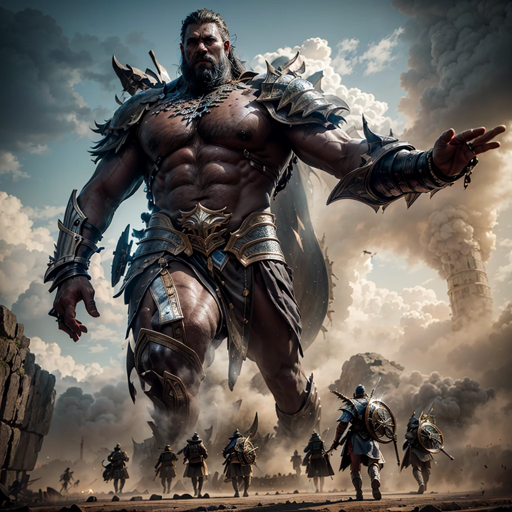 A gigantic Warrior walking alongside a battalion of  setting reminiscent of biblical times, an ultra realistic and dramatic illustration