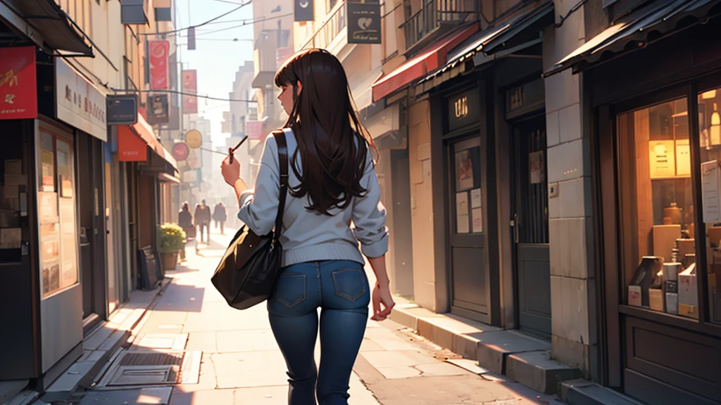 ((best quality)), ((work of art)), ((detailed)), woman, long brown hair with bangs, from behind, walking through the city
