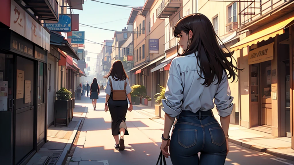 ((best quality)), ((work of art)), ((detailed)), woman, long brown hair with bangs, from behind, walking through the city