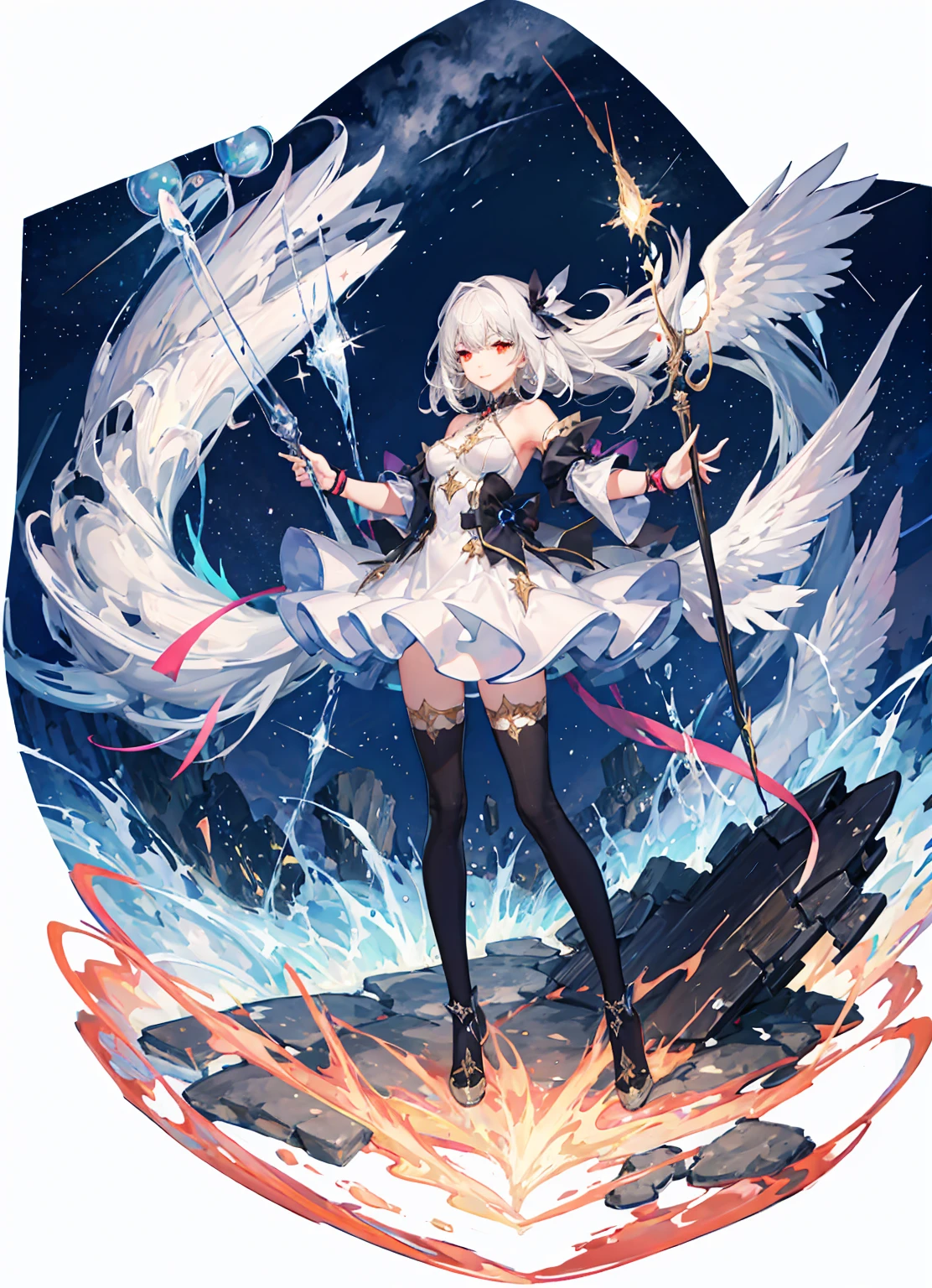 ((Magical )), ((Brilliant starry sky background)), ((Super detailed)), ((Best illustration)), ((movie lighting)), Dynamic angle, floating, Meticulous attention to detail, (sparkling:1.2), (spark:1.2), (shine:1.2), classic, (painting:1.1), (sketch:1.1), (best quality), (masterpiece:1.2), (anime style), (alone), Beautiful and delicate face, (cute face:1.3), (big red eyes:1.3), colorful hair, (long hair:1.2), (floating hair:1.2), (Magical girl costume), Delicate white clothes, (Sparkling Wand:1.3), (magical effect:1.3), (floating long dress:1.2), (cute boots:1.1), (Transparent fabric:1.5), (Flash:1.2), (glow:1.2), (radiation:1.2), (flashing:1.2), (Dazzle:1.2)