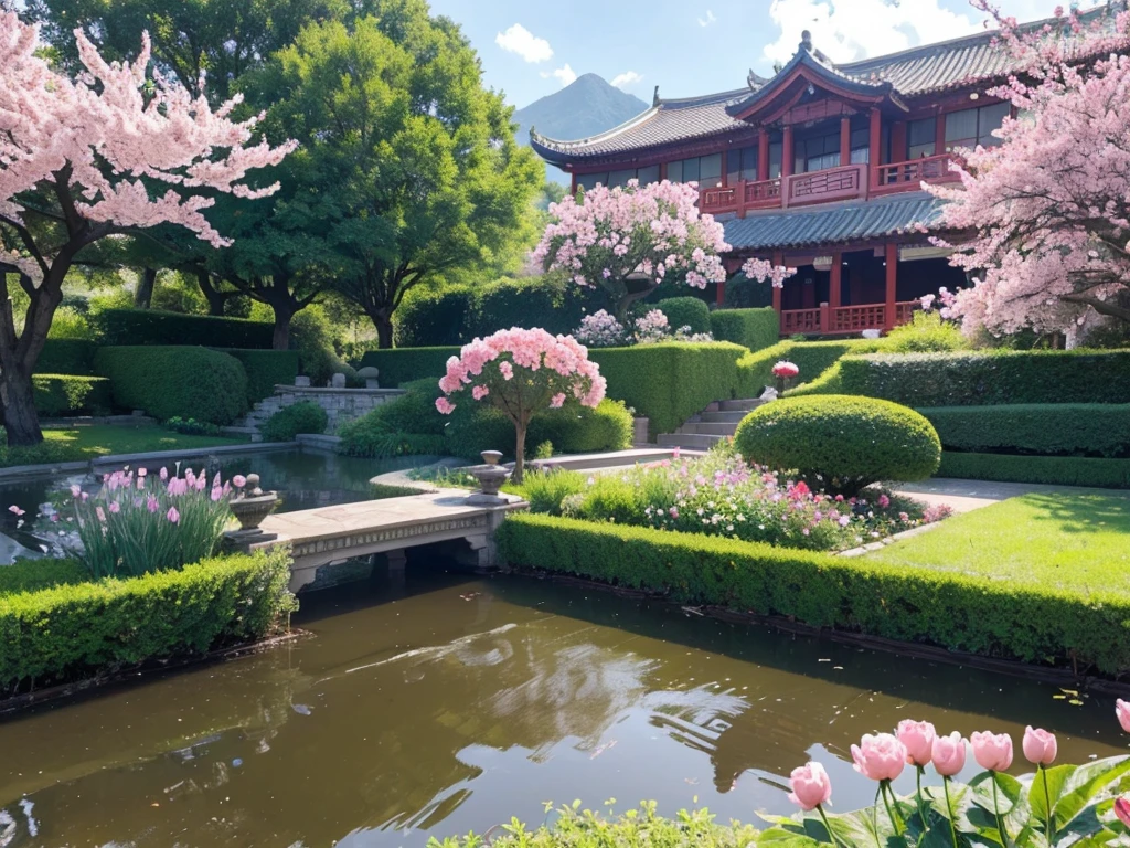 8K HD画质,Realistic scenery, 粉红的Peach BlossomTree林森林重点是很多Peach Blossom风景照8K 画质,Best quality,masterpiece,HD,Super rich detail,detailed,Many Chinese lofts have large courtyards,The yard is full of flowers,It is a rich garden,There are roses in the garden,Moonflower,Jasmine,Peach Blossom,club,apricot,chrysanthemum,Peony,Lavender,Cherry blossoms,Pomegranate flowers, ETC,A wide variety of flowers,All flowers are planted in one garden,There is also river water in the garden,Creek,pond,lake,Lake,Rios,J,Everything in the same picture,Lifelike,The picture is very realistic,Very real,The vegetable garden was neat inside,There are mountains and water in the distance,sky sky,cloud,Tree。Country Road。Industrious people grow flowers,The picture is very warm,HD,The picture is realistic,Strong realism,The focus is on the garden castle as well as the river,Images are colorful,High contrast,There is only one scene,No split screen,Do not crop the image,Keep the picture rich and complete