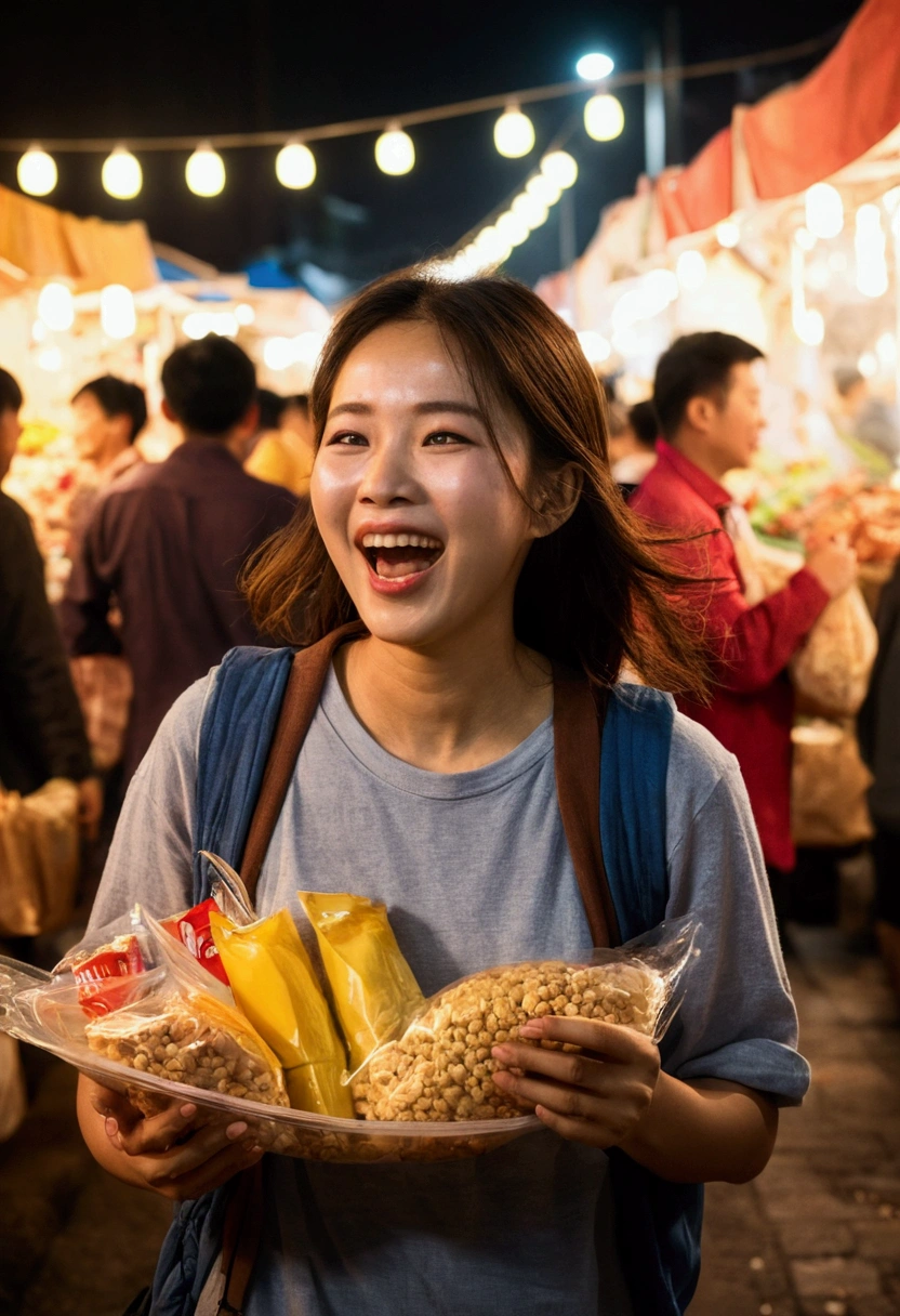 A lively night market. The woman is dressed in casual clothes., carrying snacks, and his face is full of joy and satisfaction.