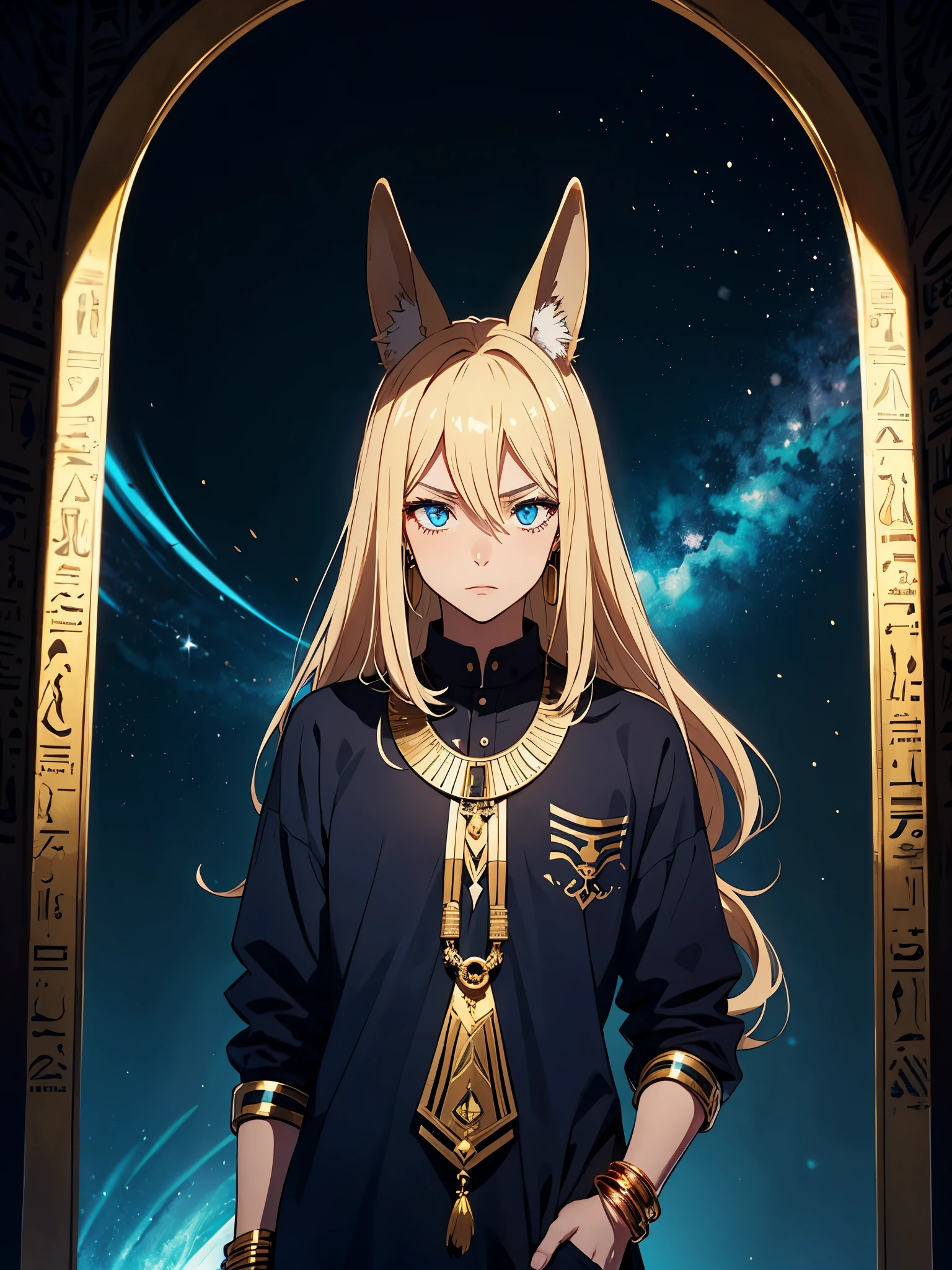 Blaue Augen. Mehr anime. Hübsch. Anubis. Anubisohren. Jackal ears with fur. boy. Egyptian deity Anubis. Egyptian clothing. long blond hair. Lots of gold jewelry. dark skin. Egyptian. dazzling blue eyes. mystical. divine.