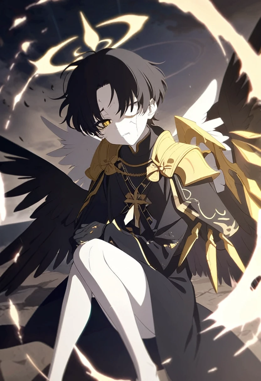 1man, adult, angel, pale skin, black hair, very short hair, white hairlocks, golden eyes, broken face, crack on the face, radiance coming from the crack, missing eye, black wings, eyed wings, bird legs, black robes, golden details, golden shoulder pads, golden prothesis in right hand, clawsprothesis, sword-cross on hands, eclipse, fullbody