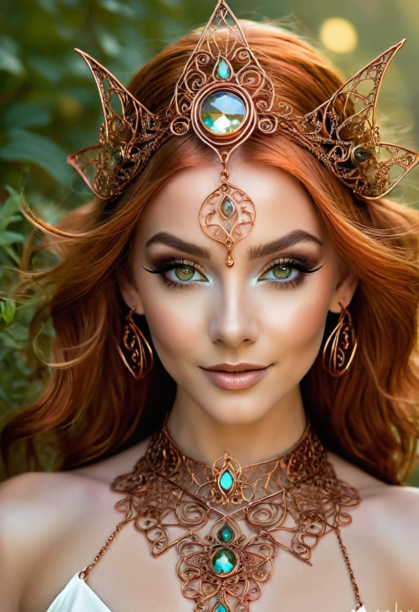 Steampunk inspired elven princess. copper wire necklaces and bangles. Crown of fine copper wire. copper coloured tatoos cover her face and body intricate and beautiful designs. LArge pointed ears that end in curlicues. Hands on hips. Ember colored eyes adorned with intricate copper wireing. a Pure white dress, hemmed with copper, covered in copper lace and filligree. cppper designs cover the skirt in a kaleidoscope of intricate copper designs. Background is magical verdant forrest. Her visage is a mesmerizing blend of Sydney Sweeney, creating a unique, symmetrical face that exudes elegance and grace. Copper colores face tattoos. Copper colored are, and chest tatoos. Cozy, romantic lighting. Cheerful smile. Copper hair that shimmers and sparkles in the lights. Hourglass figure. copper lips. copper eye shadow.
