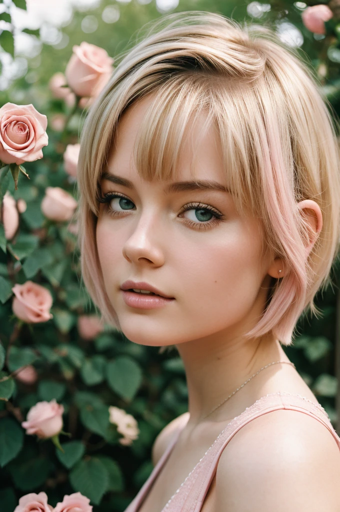 8k, photo and gross, fujifilm, Style photography of a beautiful young girl like Avril in a light pink rose garden. (very detailed skin: 1.2) Style-Petal BREAK short hair, blonde hair with colored highlights, wearing a dress, film grain, 35mm, beautiful style