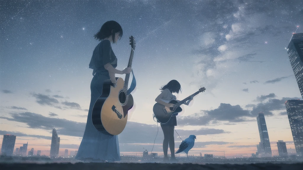 Playing an acoustic guitar,真っ暗なnight空,Octane, star (null), scenery, Blue parakeet,The acoustic guitar is in front of the body.,star, night, woman, Back view, Outdoor, city,Blue parakeet,building, cloud, milky way,silhouette