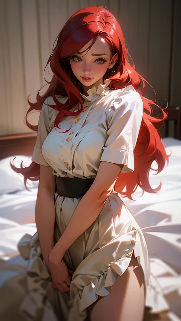 Older redhead woman at 35 years old in realistic sensual ruffled dress