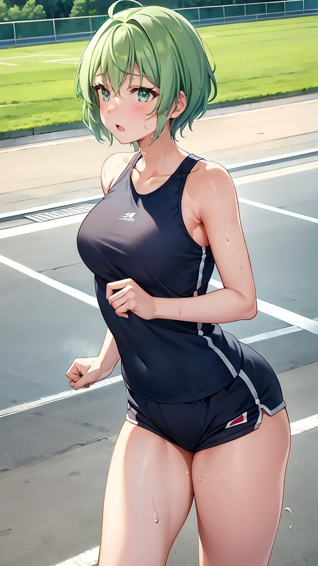 Girl with short green hair, Small size breasts,、Green Eyes, 、,Full body photo from head to toe、Track and field athlete、、、Uplifting、Leaning forward、、walk short distance、running、A toned and toned body、Desperate、(Sweat)、Uplifting、A moving picture、Shorts、Full Dash