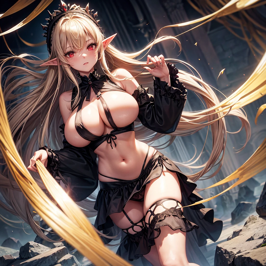 Queen elf woman, wears black maid outfit with short black maid skirt showing panties, has long messy shaggy blonde hair, It has red eyes, has a big breast.