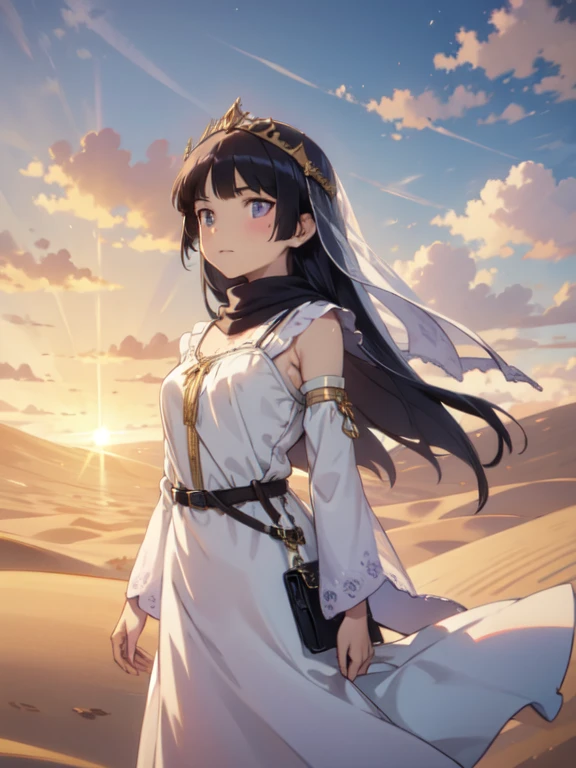 (masterpiece, Highest quality:1.1), (Desert Princess), 1 Girl, alone, Gold embroidery, Kaftans,Turbaned, scarf, jewelry, Circlet, 額のjewelry, Elegant robes, satin, Veil, gem, tiara, Arabian Style, Desert Landscape, carpet, Hair blowing in the wind, Shining, Sunset, oasis, silk, Sparkling Eyes, Sand Dunes