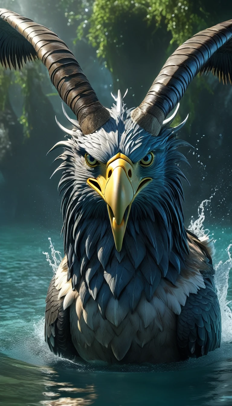 Panorama,There is a beast in the water,Looks like an eagle,The head has double horns(best quality,4K,8K,High level,masterpiece:1.2),Ultra Detailed,(lifelike,Photo real,Photo real:1.37),Highly detailed animals,Complex patterns,Realistic lighting,Fantasy Creatures