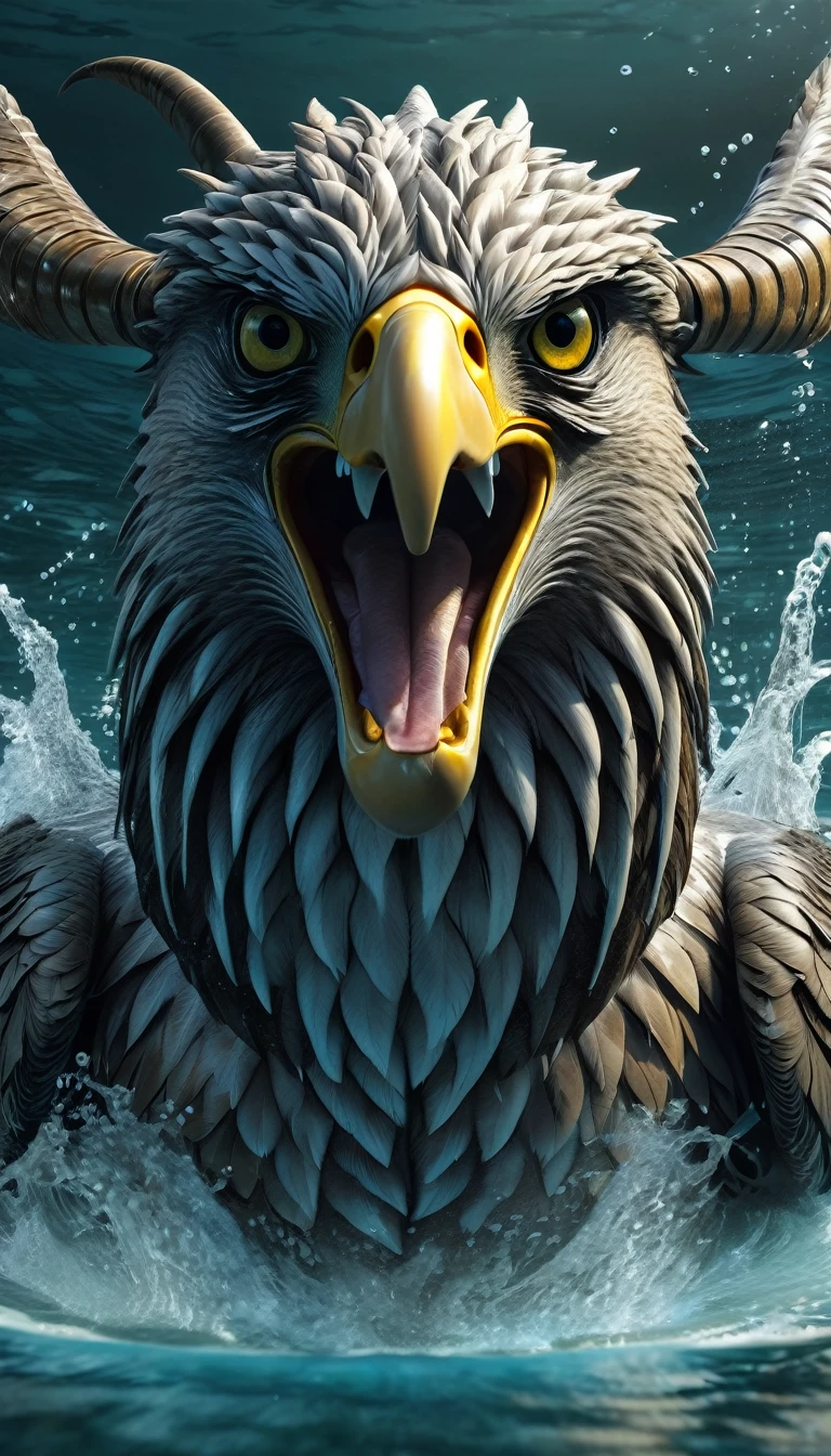 Panorama,There is a beast in the water,Looks like an eagle,The head has double horns(best quality,4K,8K,High level,masterpiece:1.2),Ultra Detailed,(lifelike,Photo real,Photo real:1.37),Highly detailed animals,Complex patterns,Realistic lighting,Fantasy Creatures