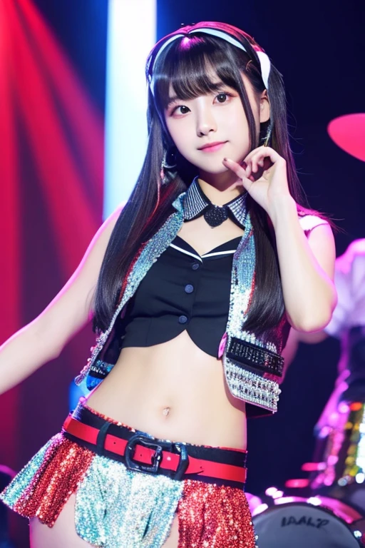 Korean girl with straight hair and side bangs with stylish hair clips wearing a beautiful stage outfit.
