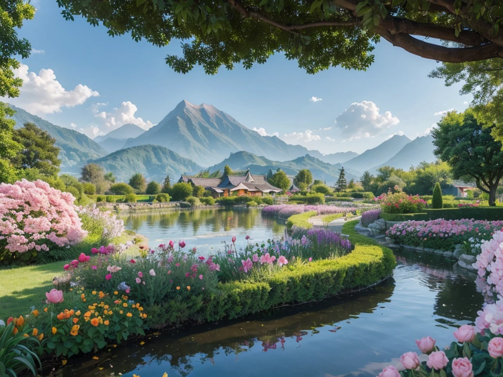 8K HD画质,Realistic scenery, 粉红的Peach BlossomTree林森林重点是很多Peach Blossom风景照8K 画质,Best quality,masterpiece,HD,Super rich detail,detailed,Many Chinese lofts have large courtyards,The yard is full of flowers,It is a rich garden,There are roses in the garden,Moonflower,Jasmine,Peach Blossom,club,apricot,chrysanthemum,Peony,Lavender,Cherry blossoms,Pomegranate flowers, ETC,A wide variety of flowers,All flowers are planted in one garden,There is also river water in the garden,Creek,pond,lake,Lake,Rios,J,Everything in the same picture,Lifelike,The picture is very realistic,Very real,The vegetable garden was neat inside,There are mountains and water in the distance,sky sky,cloud,Tree。Country Road。Industrious people grow flowers,The picture is very warm,HD,The picture is realistic,Strong realism,The focus is on the garden castle as well as the river,Images are colorful,High contrast,There is only one scene,No split screen,Do not crop the image,Keep the picture rich and complete