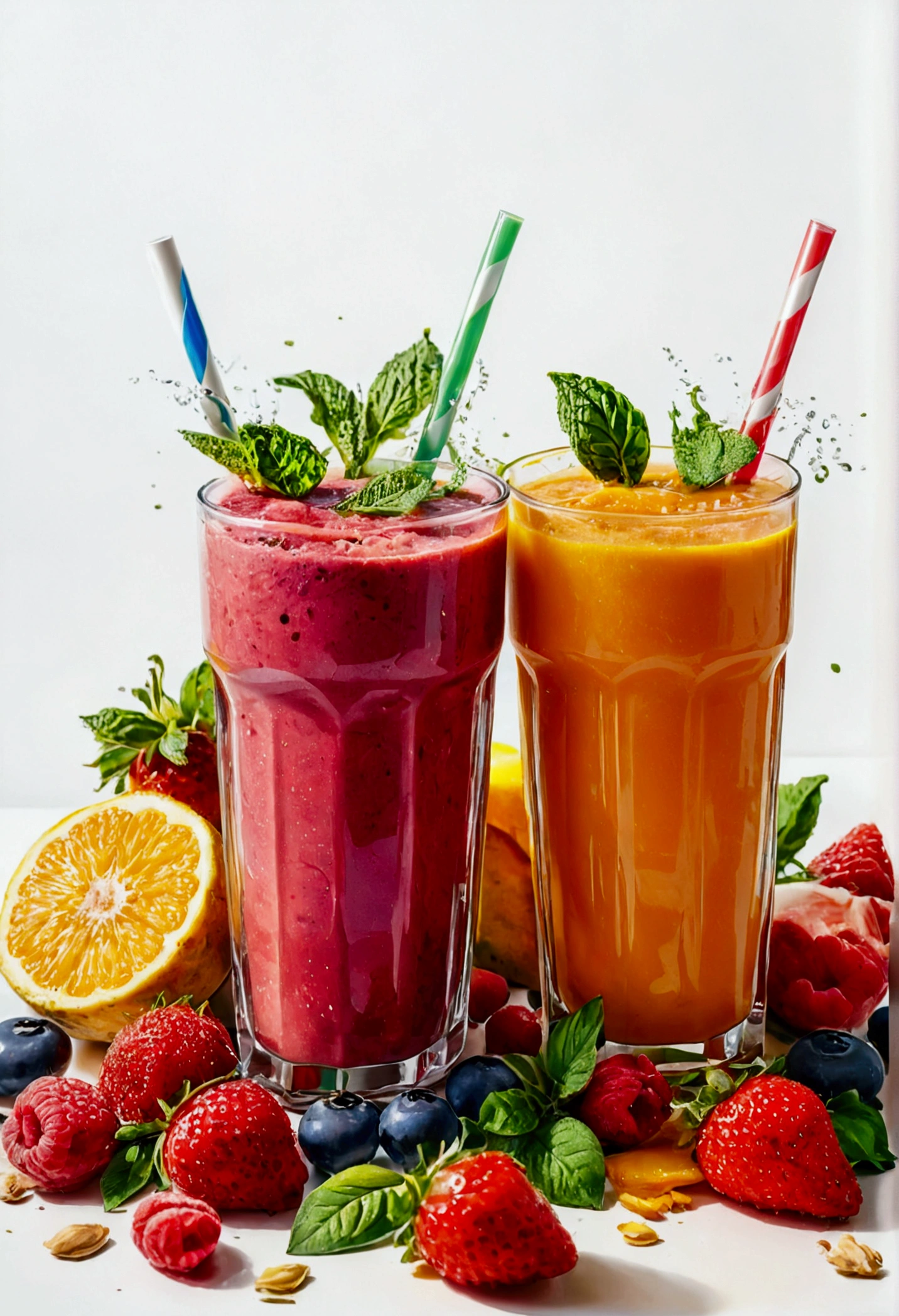 there are two of colorful healthy drinks, two glasses, the glasses sitting on a surface, juices, smoothie and infused water , illustration, isolated with solid white background, surrounded with negative space, centered composition, very precise line, Isolated, (((solid white background))), perspective angle of view, (lora:add-detail-xl:1), (masterpiece), (best quality), Leonardo style, vector art, (lora:Leonardo-illustration:1), vector art