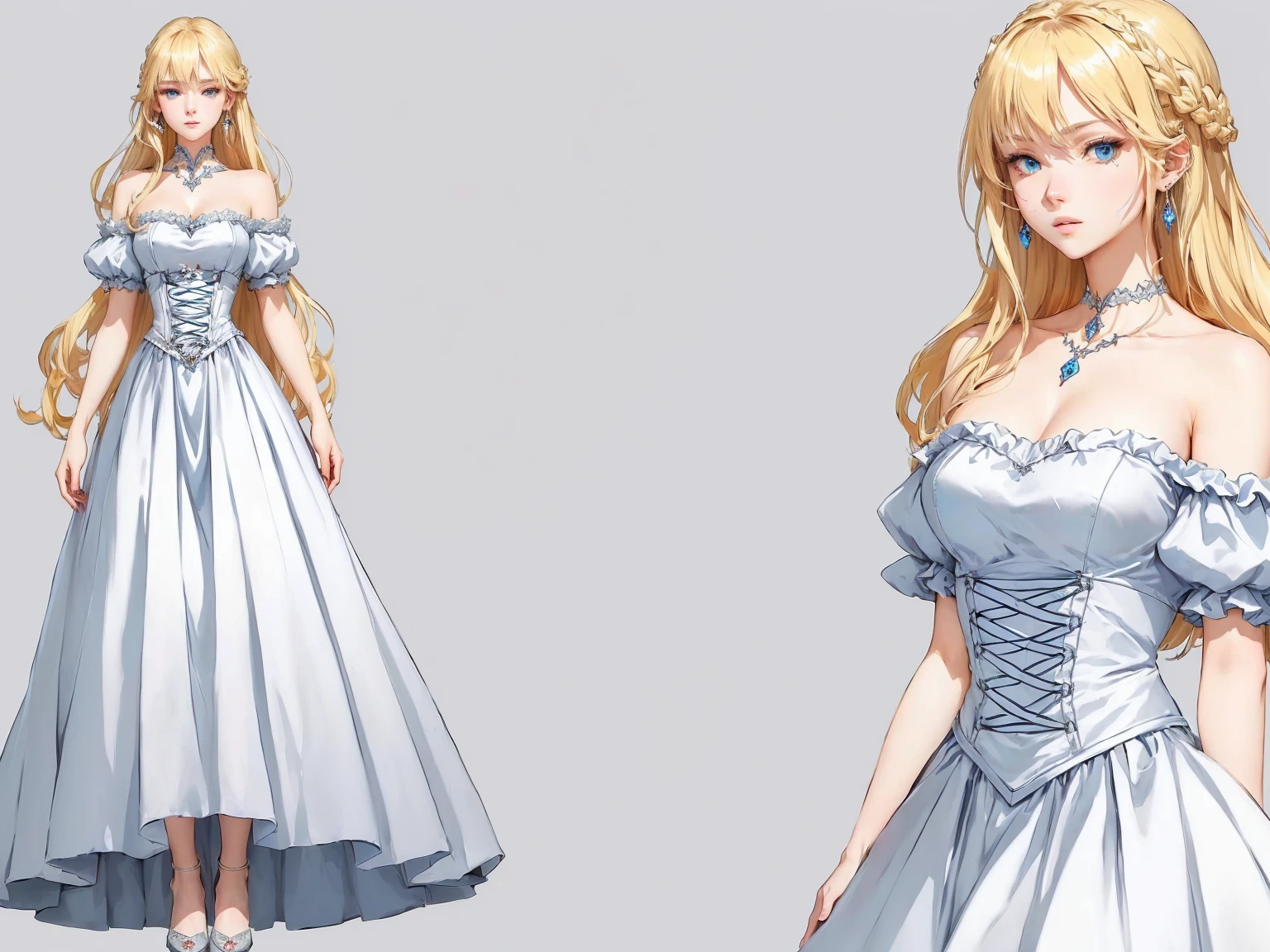 Closed legs, Man, main character, attractive appearance, elaborate details, elaborate poses, Masterpiece, Human girl, beautiful girl, girl, sweet girl, (blue eyes), bright blue eyes, yellow hair, blonde hair, blonde, long hair, wavy hair, anime style, 4k image, everything body, simple background, white background, list of characters. perfect face, red eyes. earrings. Details, Front view, Back view, Full-length, Dress, Fancy dress, Ball gown, Cute dress, Puffy dress, Dress with a very long skirt, Dress with a fluffy petticoat, Dress with gooseberries, Lace, light-colored dress, Long dress, Princess dress, Pre-made dress, Dress with a wide skirt, The Middle Ages, Fantasy, Anime. ((masterpiece, highest quality)), detailed face, full-length character design, many details, very detailed, deep, many angles, detailed faces.