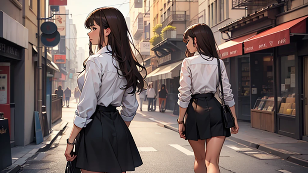 ((best quality)), ((work of art)), ((detailed)), woman, long brown hair with bangs, from behind, wearing a dress shirt, black skirt, walking through the city
