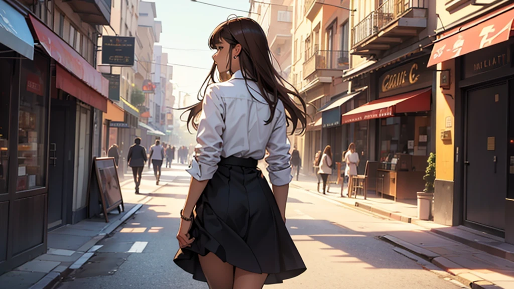((best quality)), ((work of art)), ((detailed)), woman, long brown hair with bangs, ???????????, wearing a dress shirt, black skirt, walking through the city
