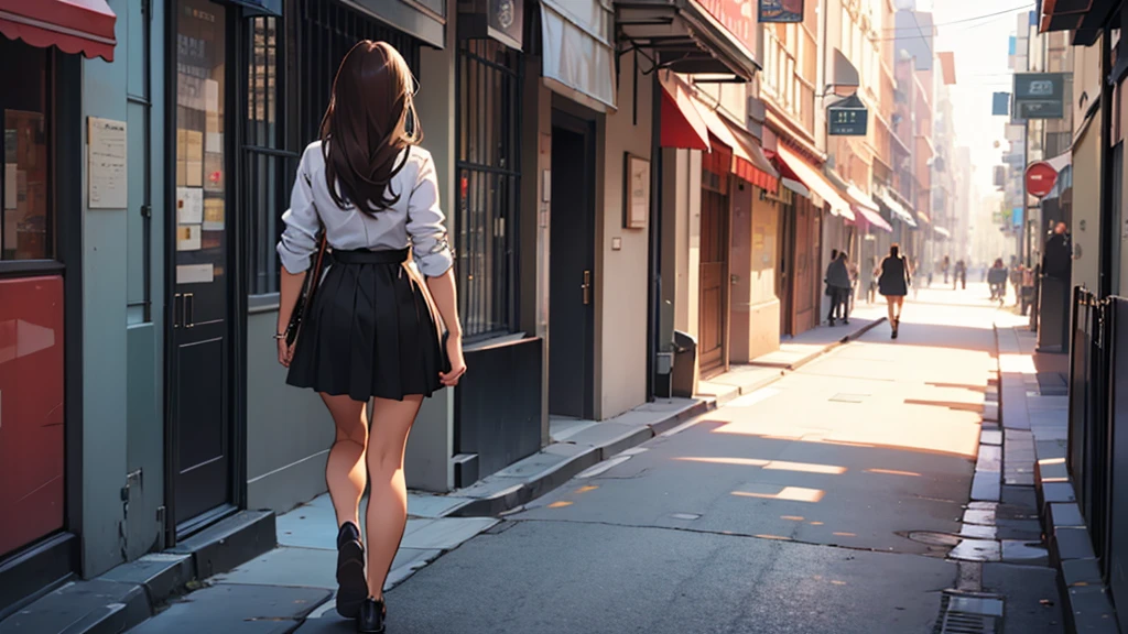 ((best quality)), ((work of art)), ((detailed)), woman, long brown hair with bangs, from behind, wearing a dress shirt, black skirt, walking through the city