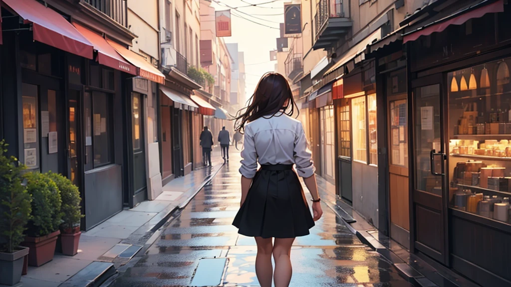 ((best quality)), ((work of art)), ((detailed)), woman, long brown hair with bangs, from behind, wearing a dress shirt, black skirt, walking through the city