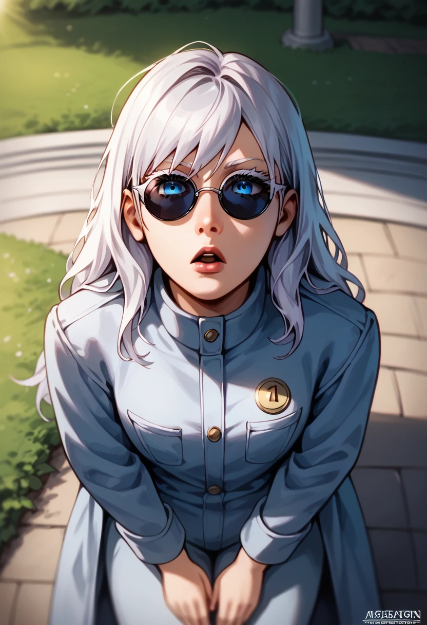 punctuation_9, punctuation_8_High above, punctuation_8, best qualityer,work of art,4K,very aesthetic,no censure,assessment_explicit,assessment_questionable, アニメ_fountain, gojou satora, gender swap \(mtf\), long hair, White hair, blue colored eyes, Depth of field, stunning color, (white eyelashes:1.5), female focus, break, 1 girl, mellow, gazing at viewer, (Glasses on the head, round glasses), ssmile, Grinning, Grinning, forest background, trench coat, Striped culotte pants, break, Animado pela DreamWorks Animation, disheveled hair, perfect composition, break,cinematic lighting and shadow, dynamic pose, Expressive, face perfect, perfectbody,(work of art), (best qualityer), (ultra detali), very aesthetic,very detailled, high detailed texture, 8K,