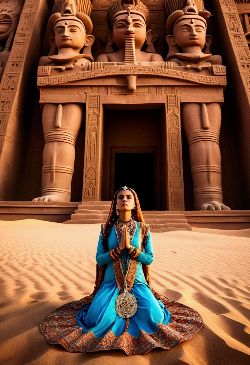 (a Desert Princess), prays to God in front of the temple on the edge of the desert, with the background of the Desert Temple and dusk, full body, (Photography), panoramic view, award-winning, cinematic still, emotional, vignette, dynamic, vivid, (masterpiece, best quality, Professional, perfect composition, very aesthetic, absurdres, ultra-detailed, intricate details:1.3)