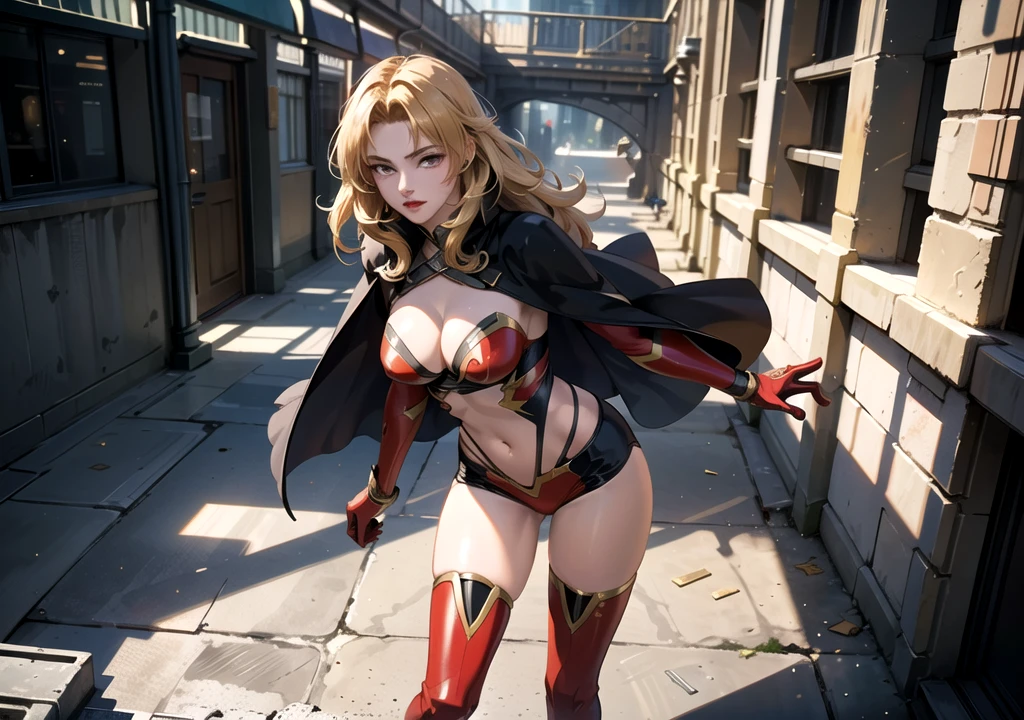 1girl,Alicia Viewsrtream,red lips,red impossible clothes,red elbow gloves,red thigh boots,cape,incredibly absurdres,Volumetric Lighting,moody lighting,thighs,realistic,reality,hetero,smug,fighting_stance, best quality:1.4, intricate details, sharp focus, highres, eleborate atmosphere:0.90, 8K, 4K, UHD, 32k UHD resolution, realistic photo, professional photography, Ultra Detailed 8K CG, ultra high res, High quality texture, High quality shadows, vivid colors, HDR