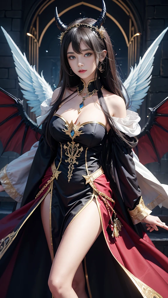 huge filesize,wallpaper,embellished_costume,magic circles,devil,castle,medium_shot,1girl,costume_switch,multicolored_wings,