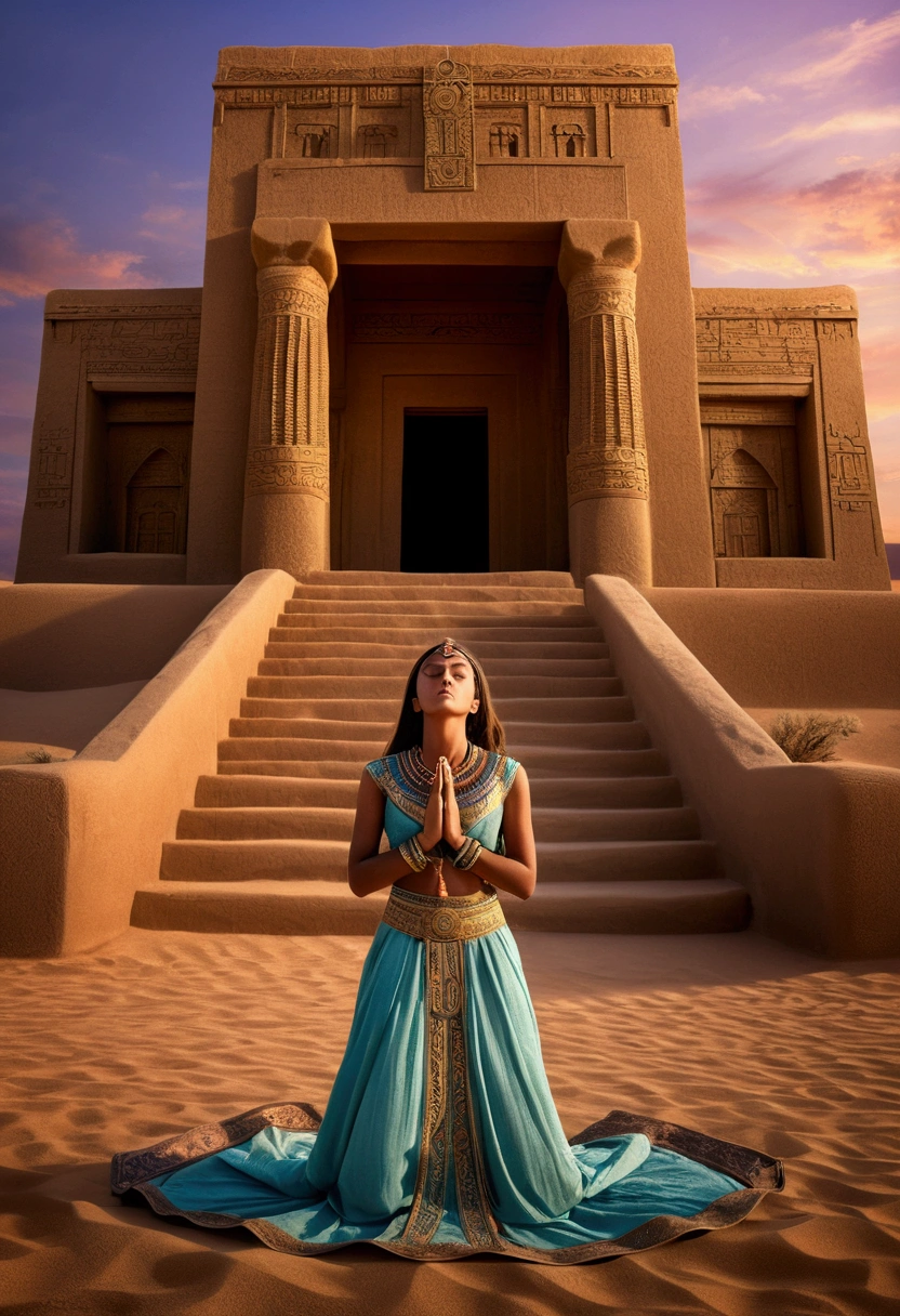 (a Desert Princess), In the golden sandstone palace deep in the desert, the desert princess standing on the palace balcony looks out at the boundless desert. The palace is decorated luxuriously, with golden curtains fluttering in the wind, and the background is a golden desert and blue sky, full body, (Photography), panoramic view, award-winning, cinematic still, emotional, vignette, dynamic, vivid, (masterpiece, best quality, Professional, perfect composition, very aesthetic, absurdres, ultra-detailed, intricate details:1.3)