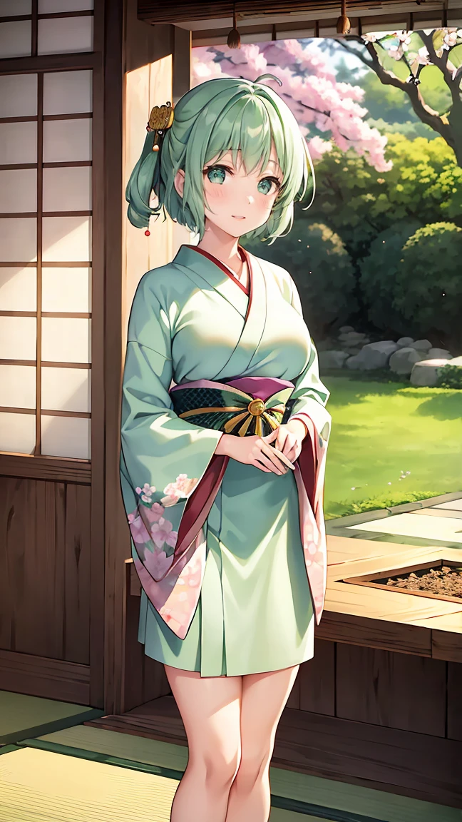 Girl with short green hair, Small breasts, Green Eyes, White Casual Wear Beauty Special、(((tits))),Full body photo from head to toe、Kimono、Patterned Japanese clothing、Cherry tree in full bloom、Fluttering petals、Tea Ceremony、Graceful Manners、Tea party、Chatting in a Japanese-style room