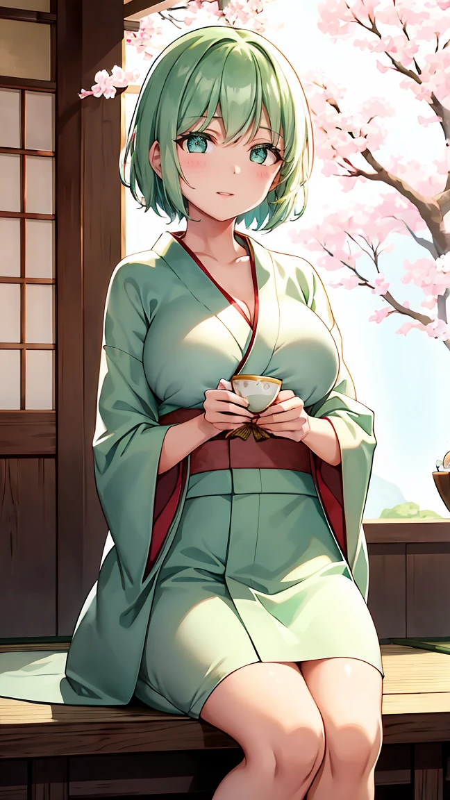 Girl with short green hair, Small breasts, Green Eyes, White Casual Wear Beauty Special、(((tits))),Full body photo from head to toe、Kimono、Patterned Japanese clothing、Cherry tree in full bloom、Fluttering petals、Tea Ceremony、Graceful Manners、Tea party、Chatting in a Japanese-style room