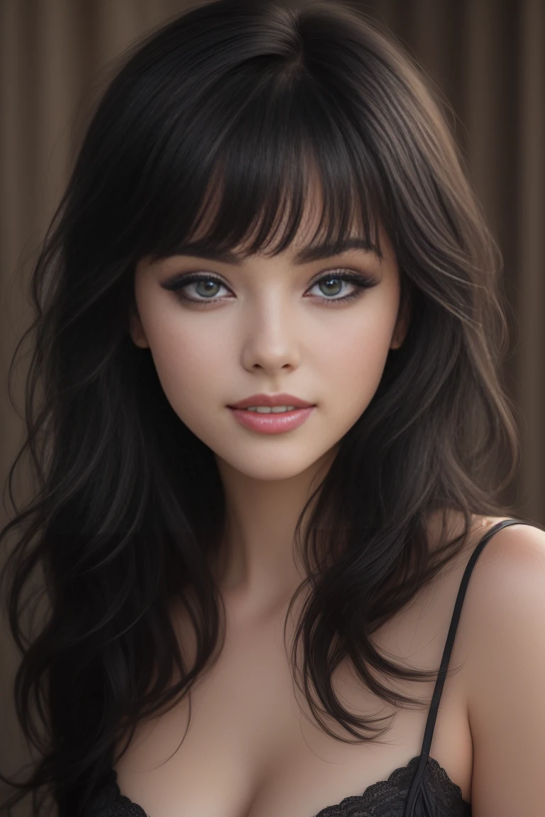 (masterpiece, best quality:1.2),bellissima, 1girl, black hair, blunt bangs, blue eyes, eyeliner, lips, lipstick, sexy smile, realistic