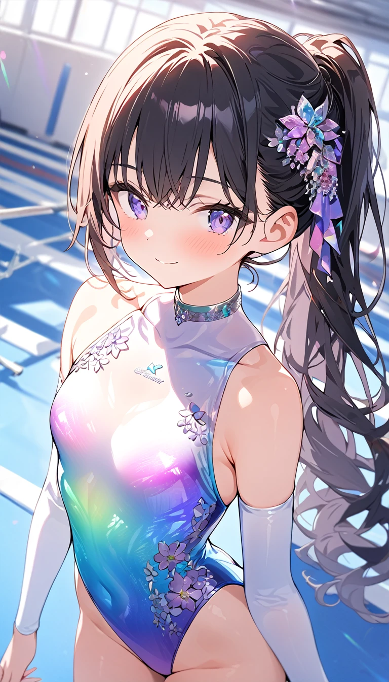 highquality illustration, masterpiece, very delicate and beautiful, attractive girl,(gymnastics leotard, Floral patterns leotard,long sleeve leotard with glittery decoration,high_leg leotard,athletic leotard,tight-fit leotard,iridescent gradient leotard,long-sleeve leotard),thin,slender body,slim,high school,gymnasium background,gymnastics club,gymnastics athlete,princess, beautiful eyes,light smile,(masterpiece, best quality:1.2), highres, extremely detailed CG unity 8k wallpaper, perfect lighting, Colourful, ultra-high res,4K,ultra-detailed, photography, 8K, HDR, 17 ages,cowboy shot,