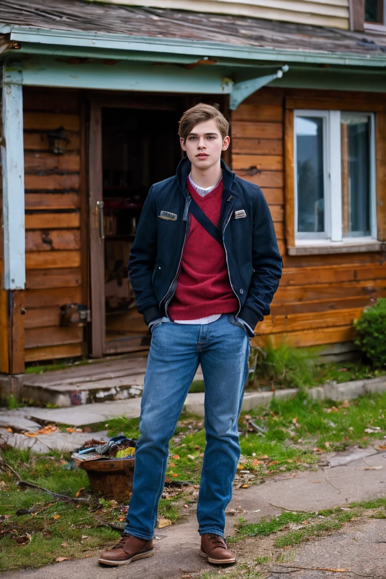 Realistic photo of solo handsome teenage men ,Standing In front of an abandoned house ,daytime