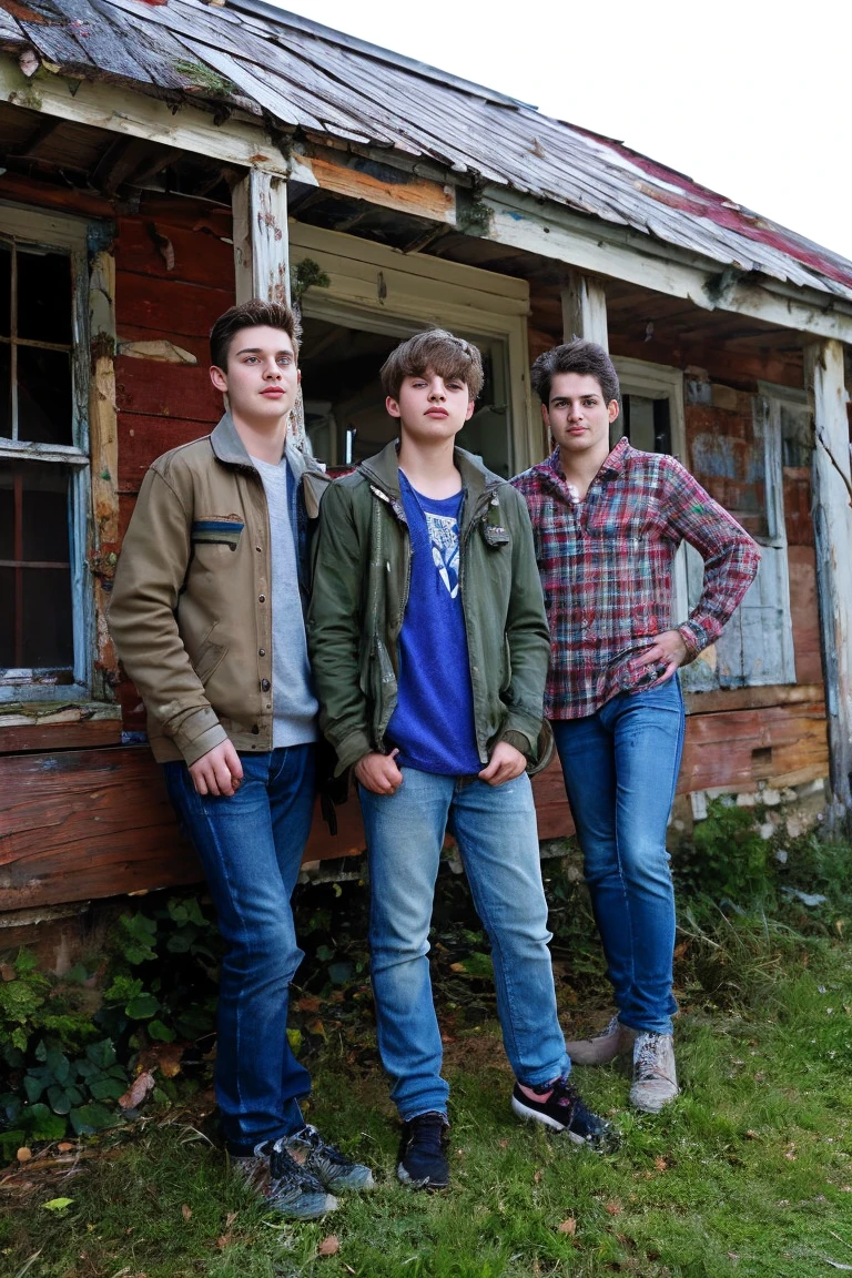 Realistic photo of solo handsome teenage men ,Standing In front of an abandoned house ,daytime