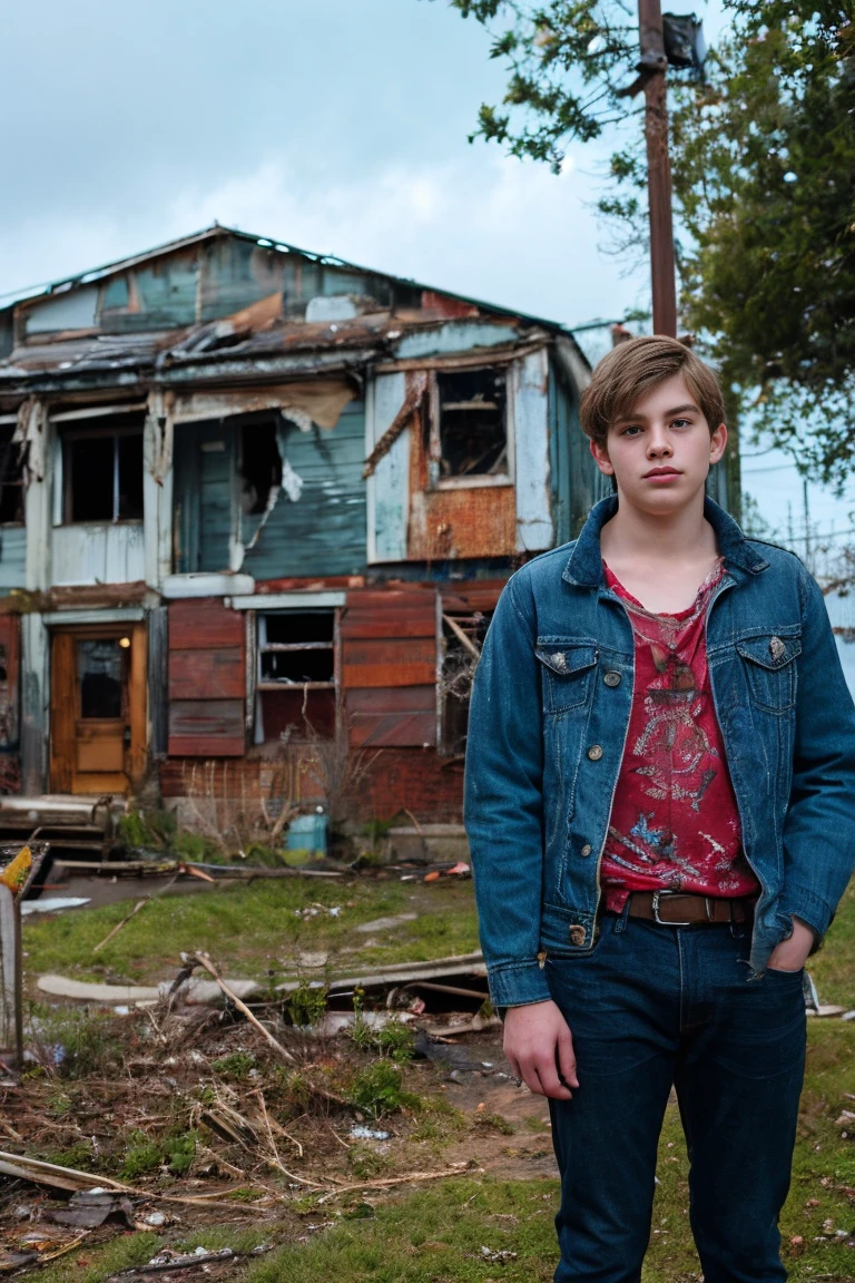 Realistic photo of solo handsome teenage men ,Standing In front of an abandoned house ,daytime