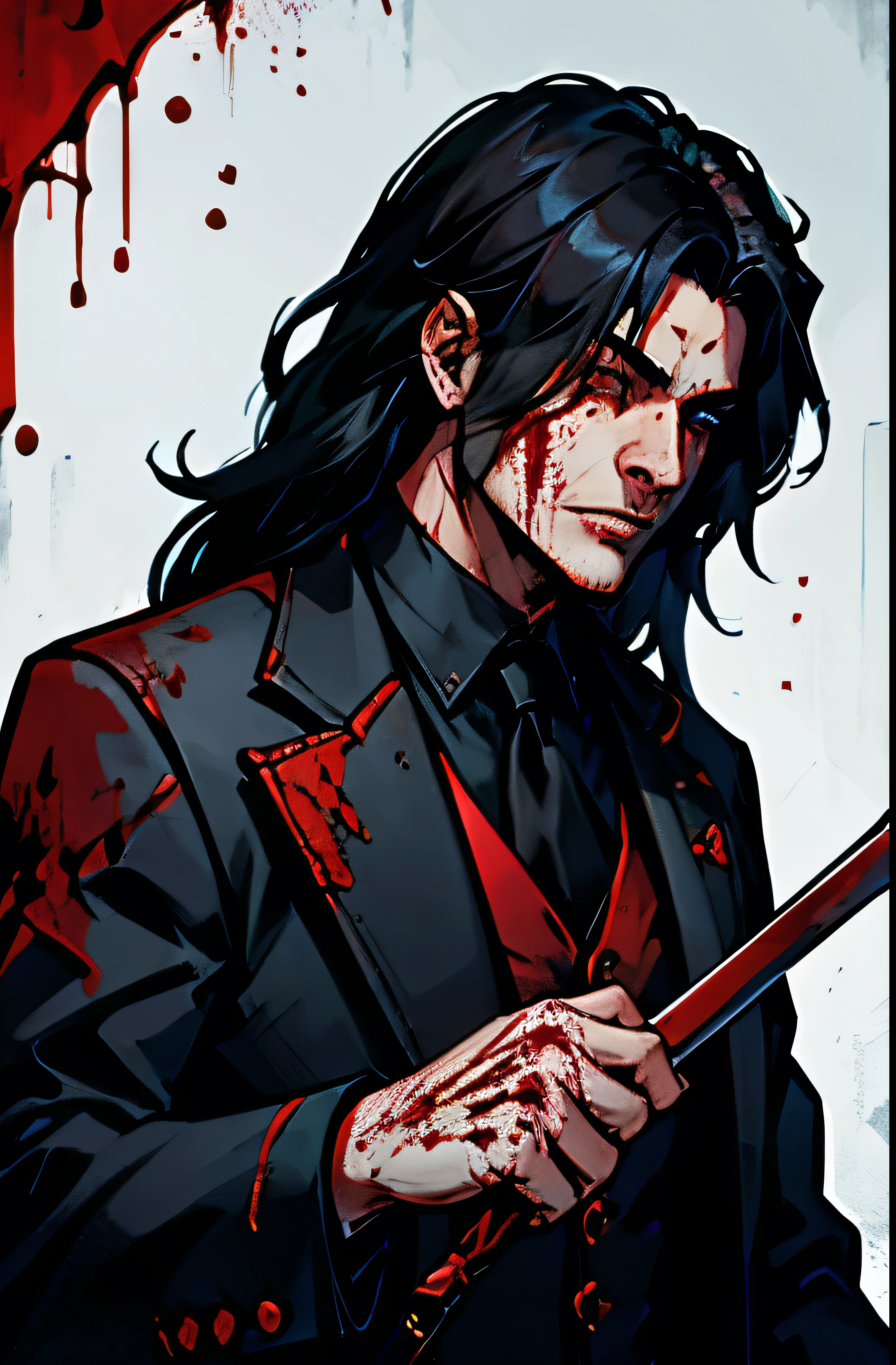 male. black long hair. blindfolded. bloody scythe in hand. wearing a suit tattered. covered in blood. canines showing. bloody mouth. masterpiece. 4k. horror. magazine type no WRITING