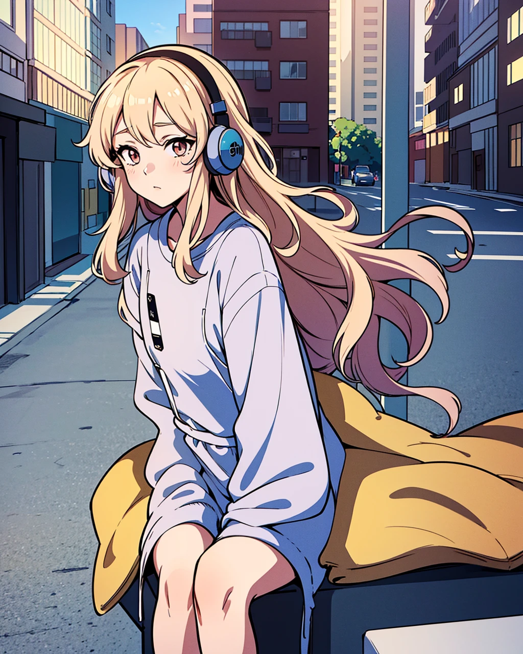 An anime-style illustration of a girl sitting on a bench in an urban setting. She has long, wavy light hair and wears headphones. She is dressed in a casual outfit with a loose-fitting coat over a dark shirt or dress. The background features a street with buildings and utility poles, drawn with clean, minimalistic lines and pastel colors. The overall color scheme is soft and light, giving the image a serene and relaxed atmosphere."