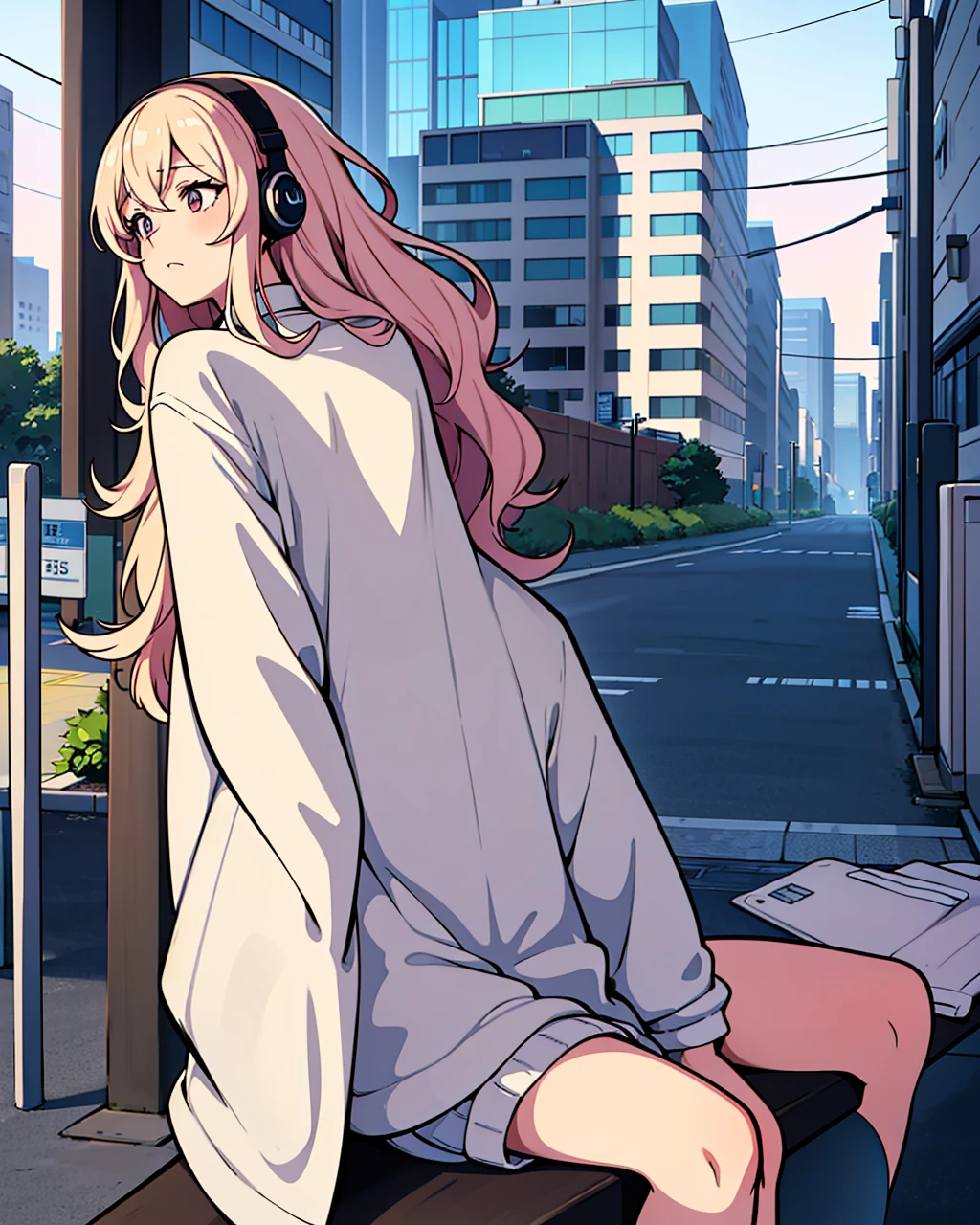 An anime-style illustration of a girl sitting on a bench in an urban setting. She has long, wavy light hair and wears headphones. She is dressed in a casual outfit with a loose-fitting coat over a dark shirt or dress. The background features a street with buildings and utility poles, drawn with clean, minimalistic lines and pastel colors. The overall color scheme is soft and light, giving the image a serene and relaxed atmosphere."