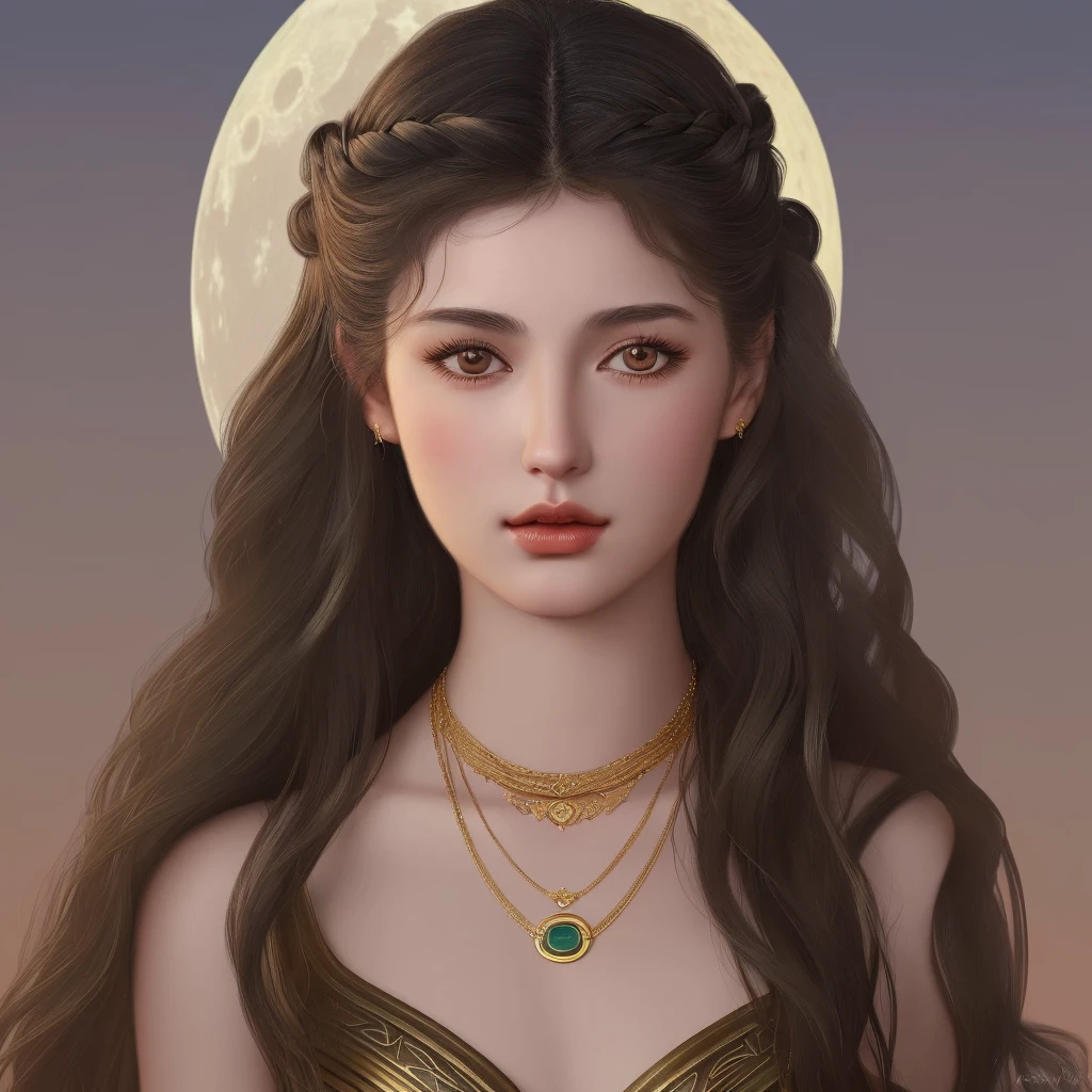 beautiful and realistic art inspired by the goddess artemis. The girl has an oval face, olive skin color, long black wavy hair, brown eyes with voluminous eyelashes. She wears Greek clothes and a moon necklace. Behind her a dark background.