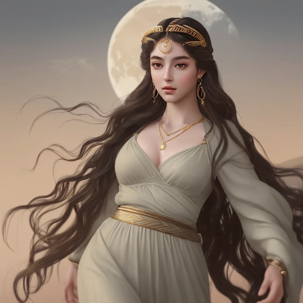  beautiful and realistic art inspired by the goddess artemis. The girl has an oval face, olive skin color, long black wavy hair, brown eyes with voluminous eyelashes. She wears Greek clothes and a moon necklace. Behind her a dark background.