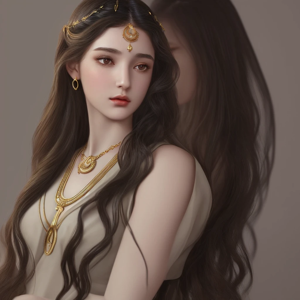  beautiful and realistic art inspired by the goddess artemis. The girl has an oval face, olive skin color, long black wavy hair, brown eyes with voluminous eyelashes. She wears Greek clothes and a moon necklace. Behind her a dark background.