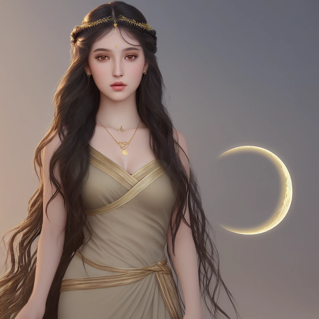 beautiful and realistic art inspired by the goddess artemis. The girl has an oval face, olive skin color, long black wavy hair, brown eyes with voluminous eyelashes. She wears Greek clothes and a moon necklace. Behind her a dark background.