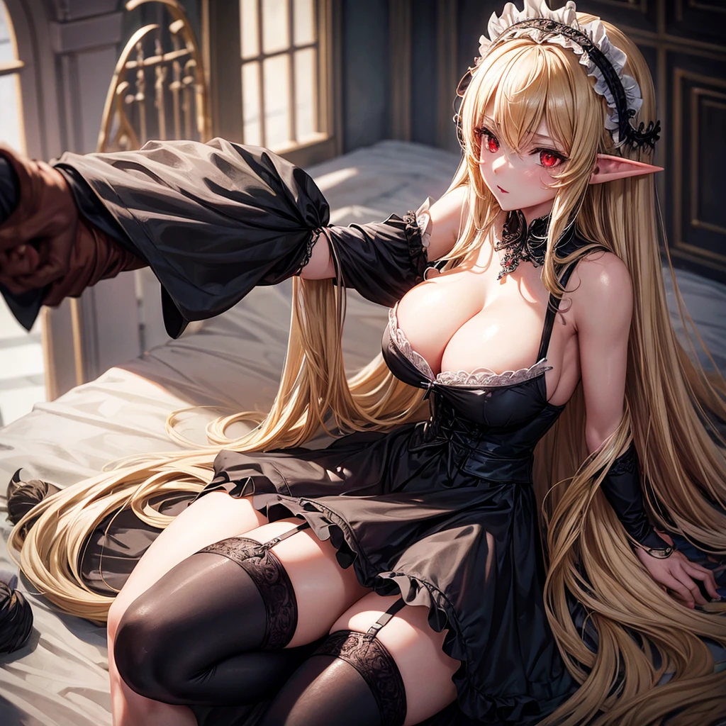 Queen elf woman, wears black maid outfit with short black maid skirt showing panties, has long messy shaggy blonde hair, It has red eyes, has a big breast.