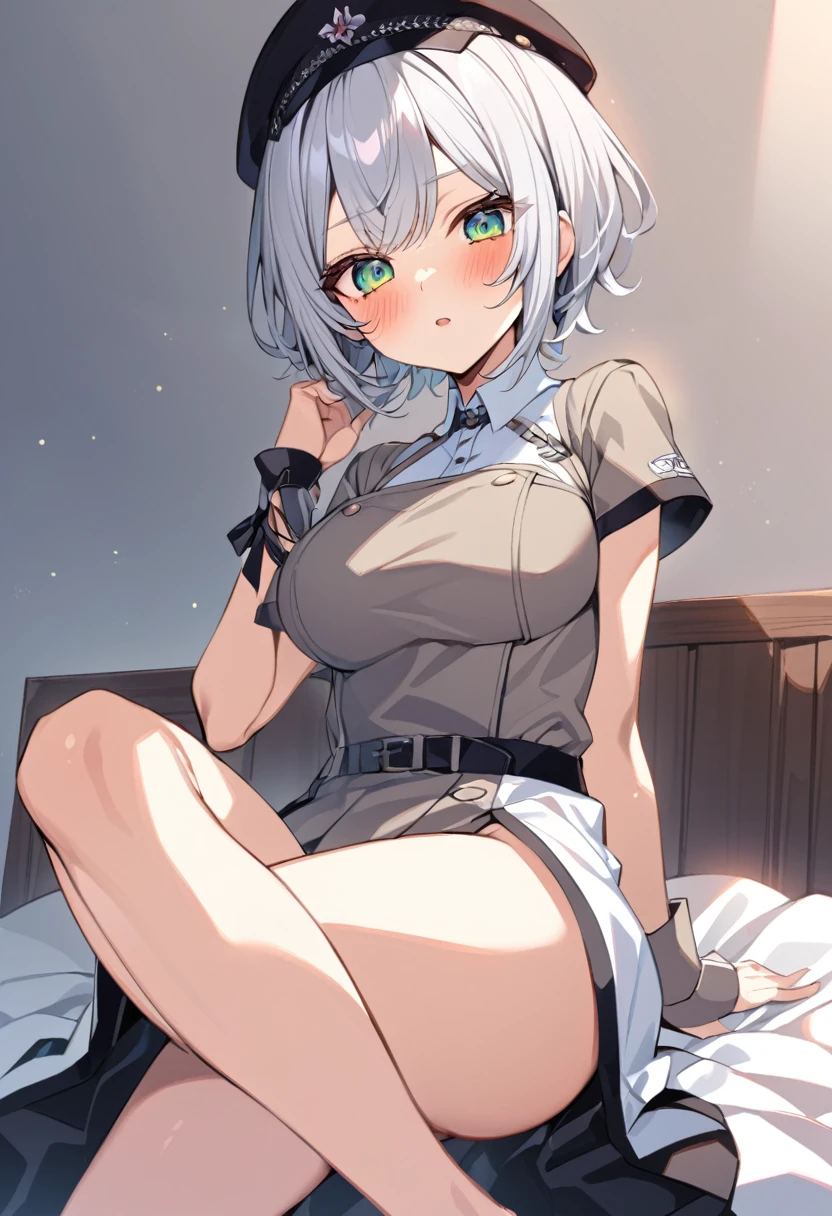 Hanabudsumi VTuber VSPO！ Her breasts are visible. Her height is 154cm.. She is short, Short hairstyle with bangs that flow from the center to the left、Clean silver hair. Her eyes are light blue. She wears a uniform、I have a naked pussy. She is usually calm, but、Sometimes she shows a cheerful and innocent side..